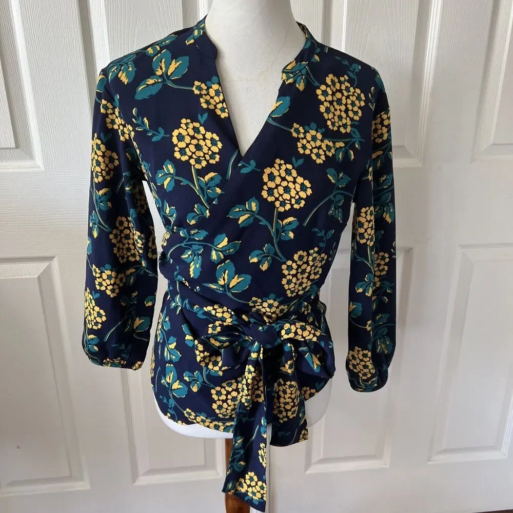 J Crew‎ Womens Floral Wrap Top Size XSmall Blue Long Sleeve Tie Waist